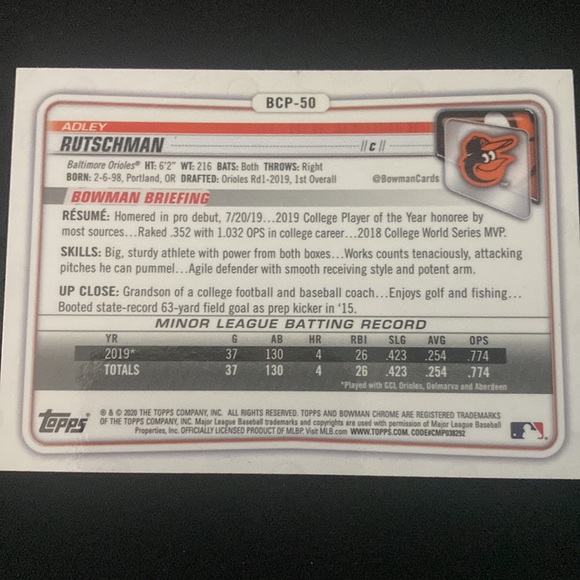 Adley Rutschman- 2020 topps bowman - Picture 2 of 2